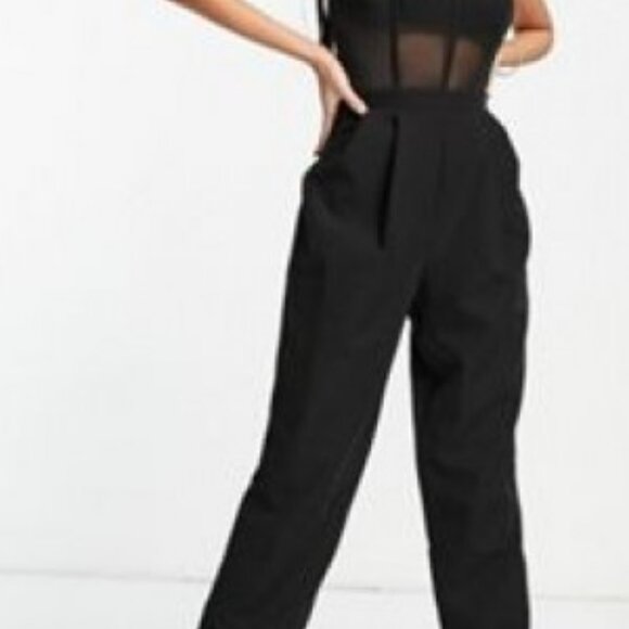 ASOS DESIGN mesh bandeau corset detail jumpsuit in black - Picture 1 of 2